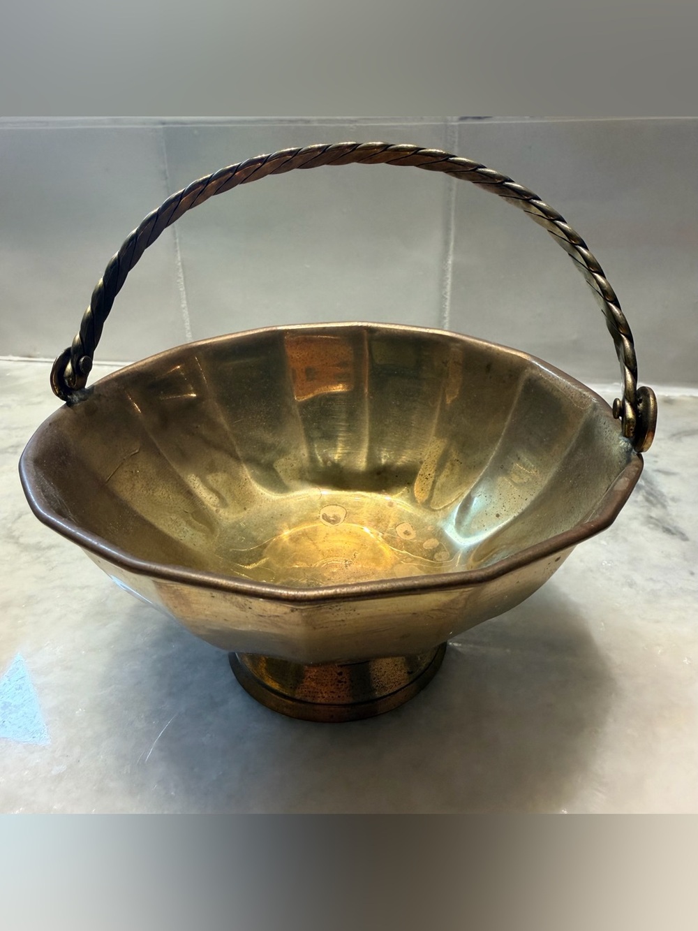 Vintage Solid Brass small basket/candy dish with handle. Patina Made in India